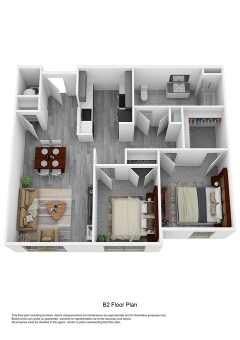 a stylized 3d floor plan with a bedroom and a living room